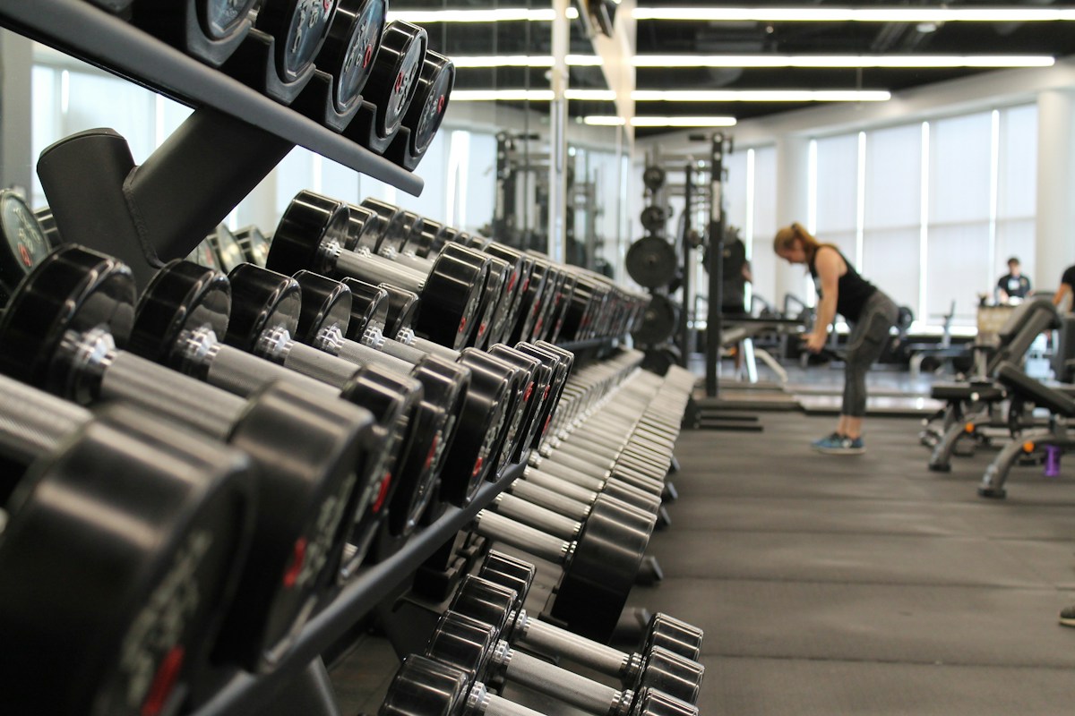 Strength training equipment in a light-filled exercise space